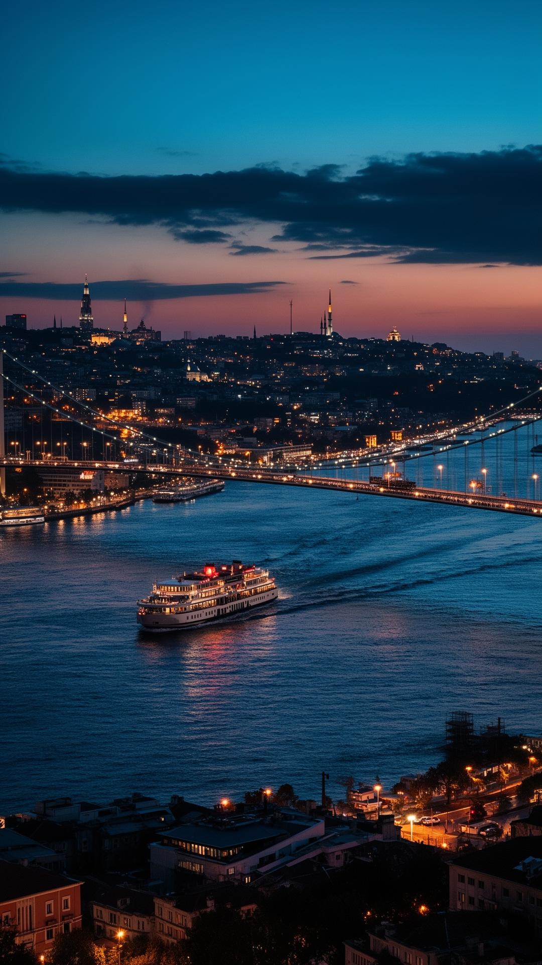Bosphorus bridge at night with a ferry crossing