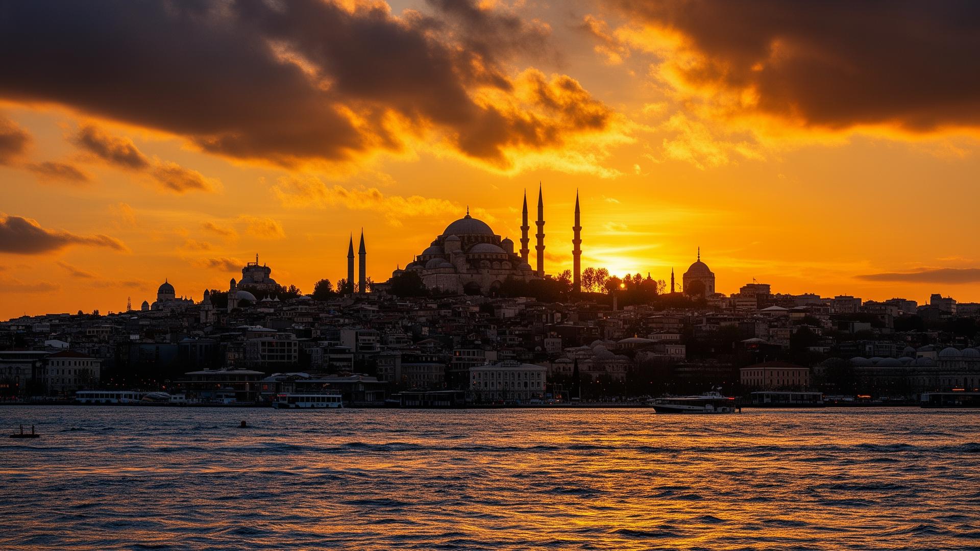 Istanbul skyline at sunset with Bosphorus and historic mosques